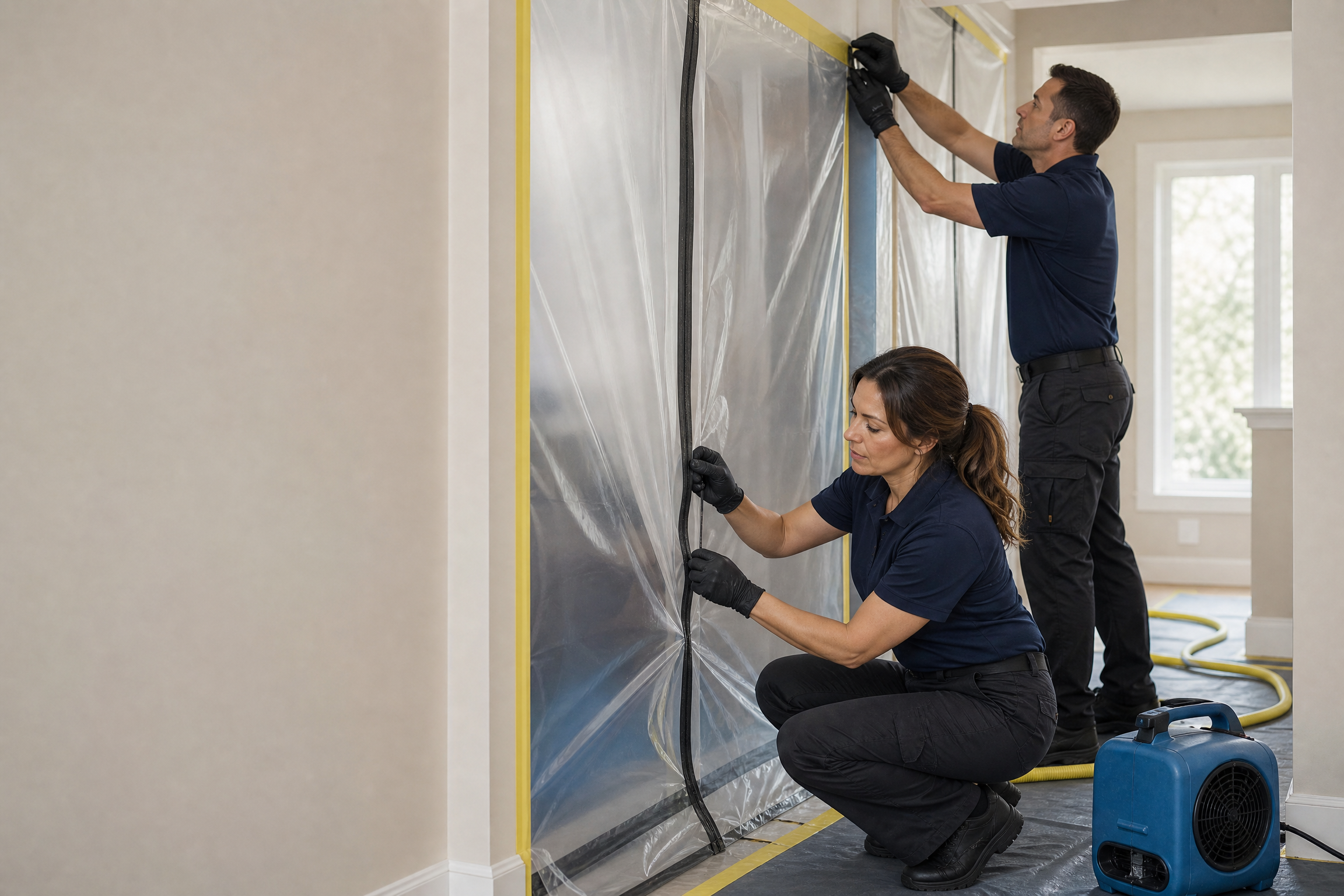Restoration professionals installing containment and protecting an interior work area.