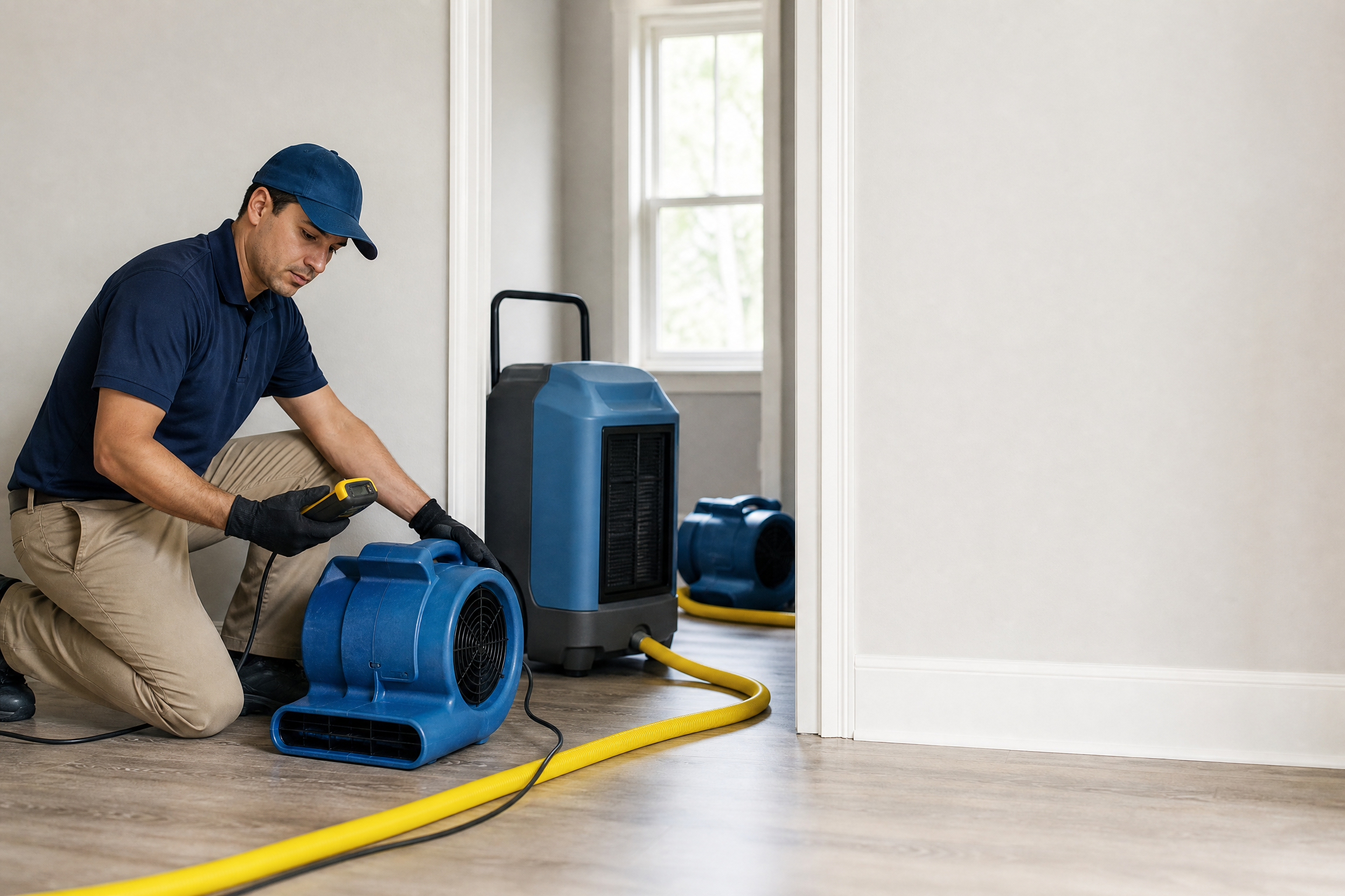 Technician positioning air movers and a dehumidifier during structural drying.