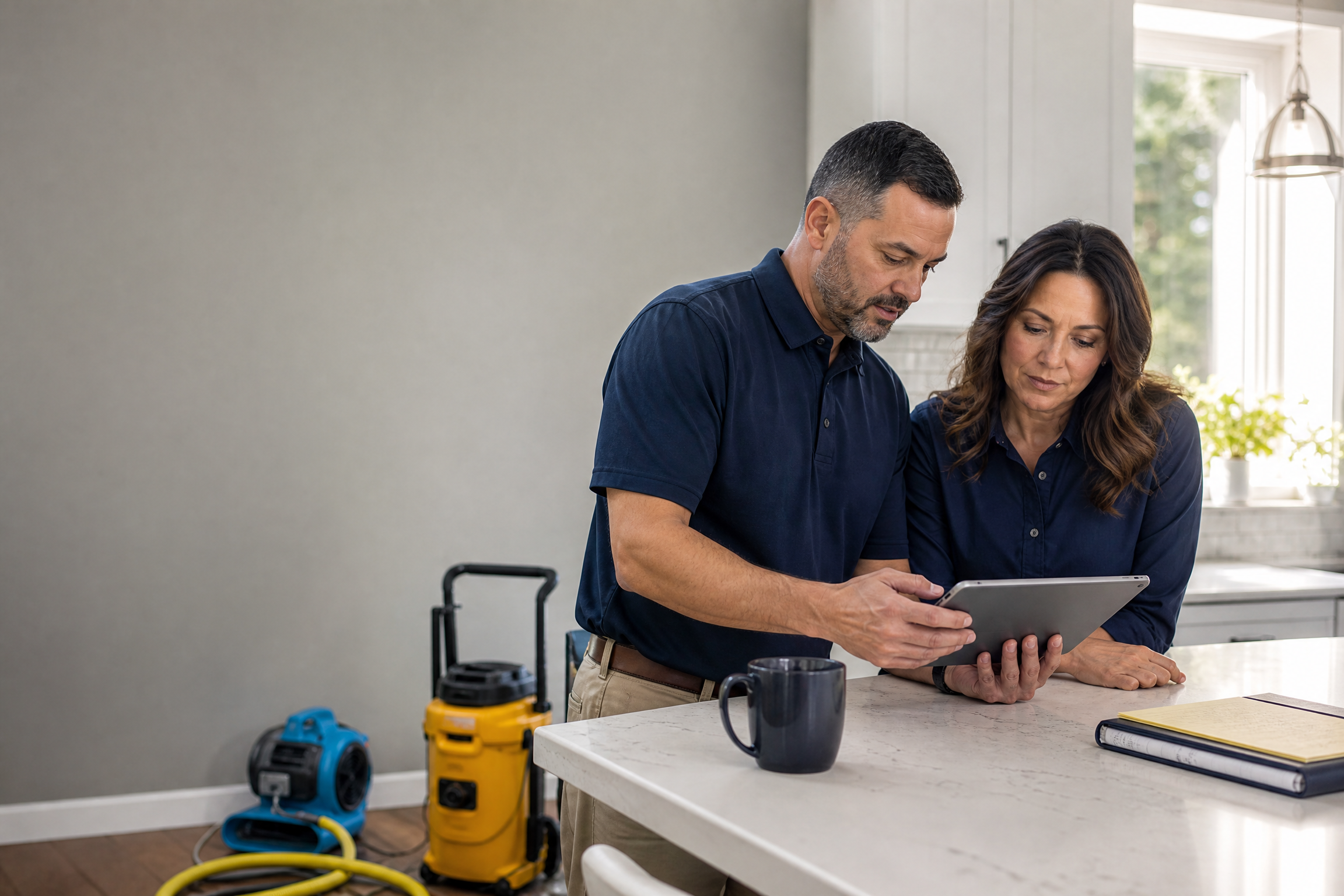 Restoration professional reviewing project documentation with a homeowner.