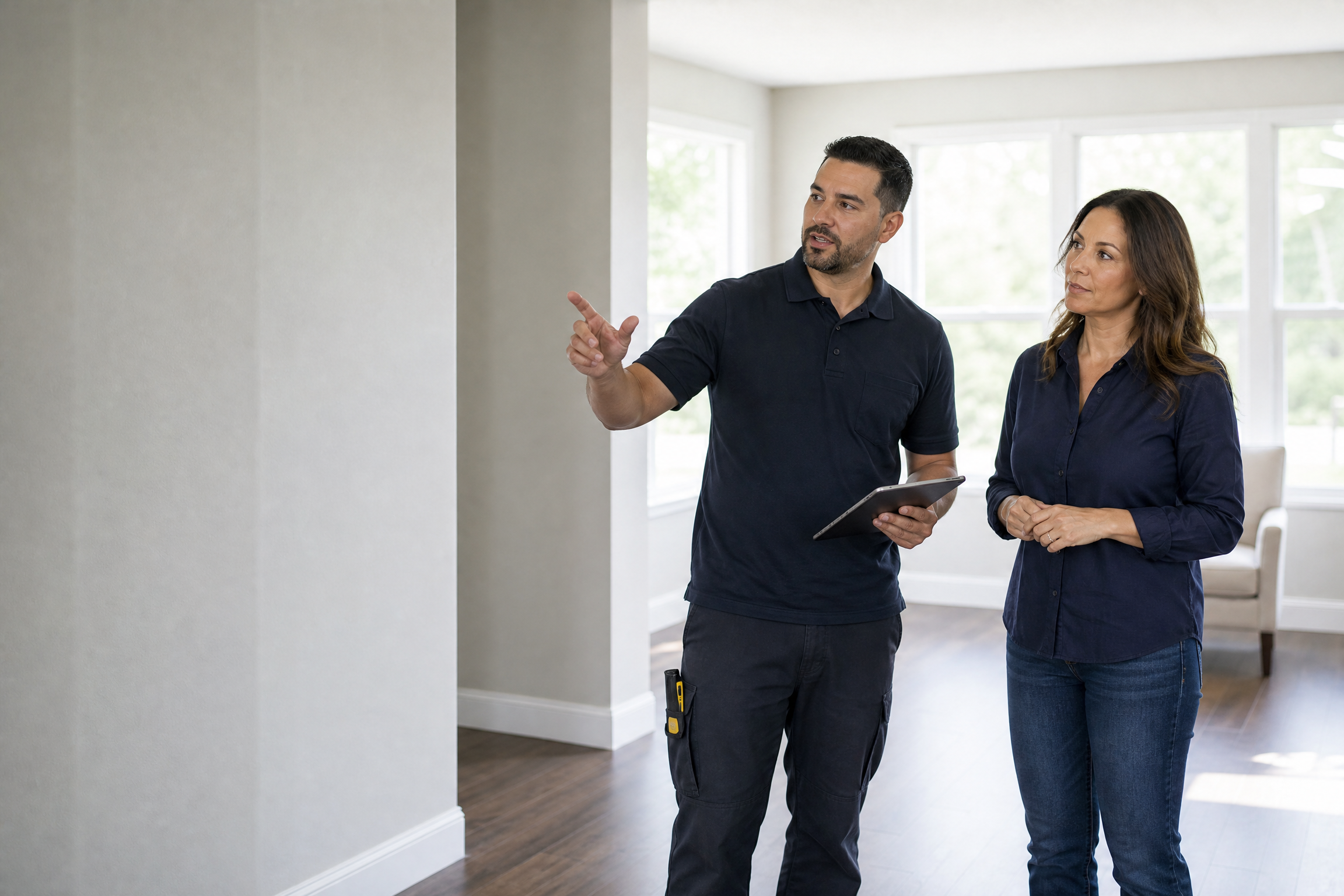 Technician reviewing a completed restoration project with a homeowner.